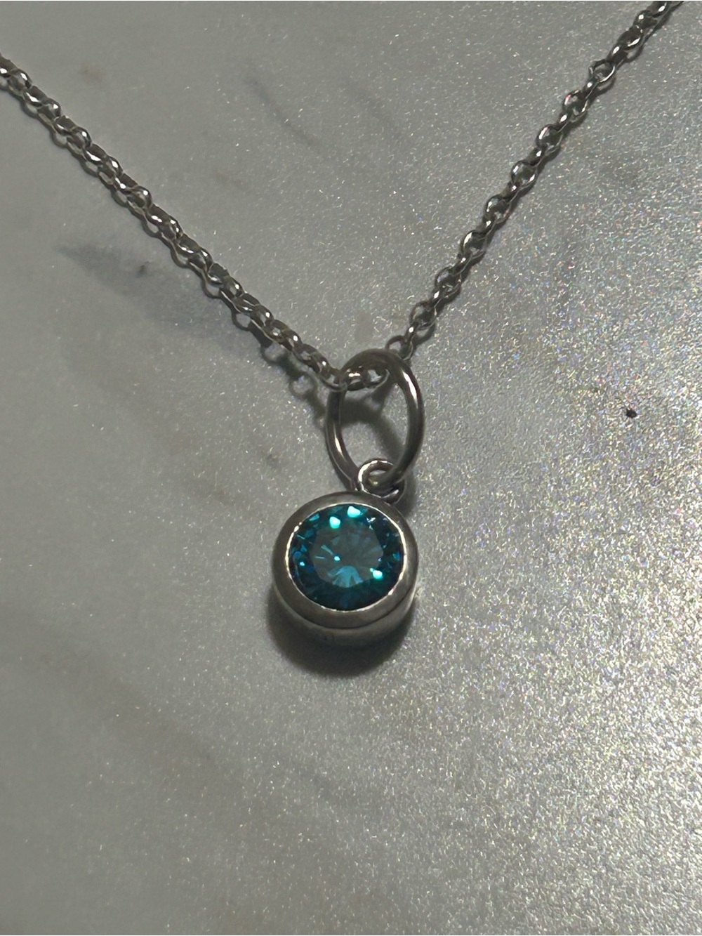 Silver Skinny Chain Necklace With Blue Focal Mini Stone With Push Lift Clasp